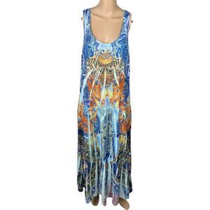 One World Vtg Y2K Butterfly Bohemian Tiered Printed Maxi Dress SZ M